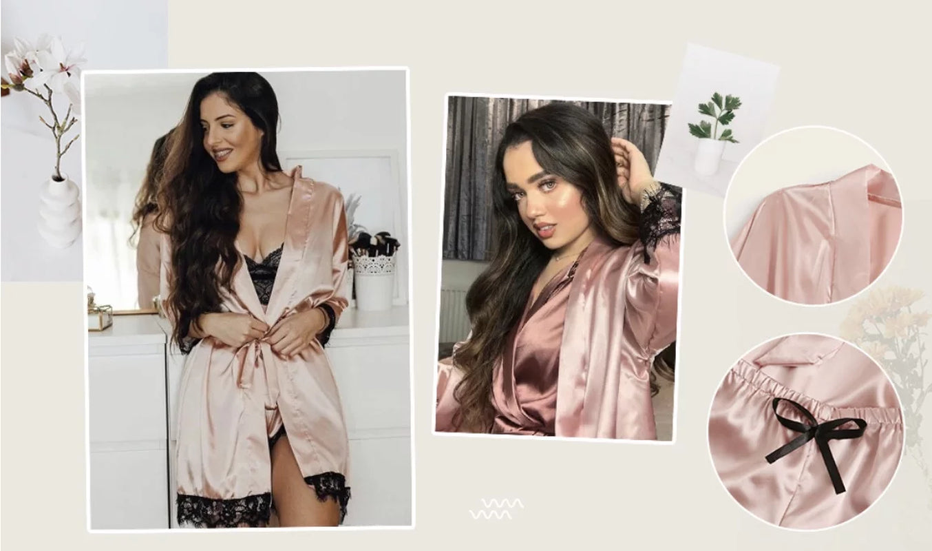 Sexy Lingerie, Sexy Lingerie for Women, Womens Summer Pajamas Pjs Sets of 4 Pcs with Floral Lace Top Shorts and Robe, Gift for Women, Pink, L