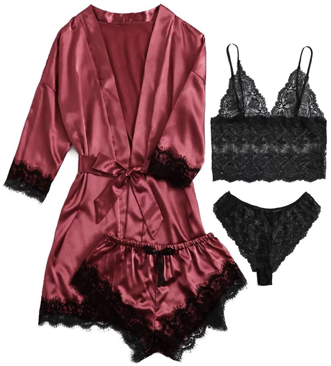 Sexy Lingerie, Sexy Lingerie for Women, Womens Summer Pajamas Pjs Sets of 4 Pcs with Floral Lace Top Shorts and Robe, Gift for Women, Pink, L