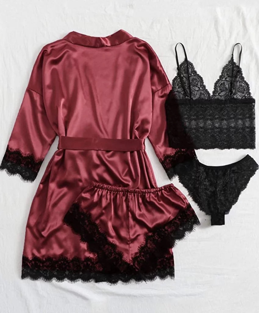 Sexy Lingerie, Sexy Lingerie for Women, Womens Summer Pajamas Pjs Sets of 4 Pcs with Floral Lace Top Shorts and Robe, Gift for Women, Pink, L
