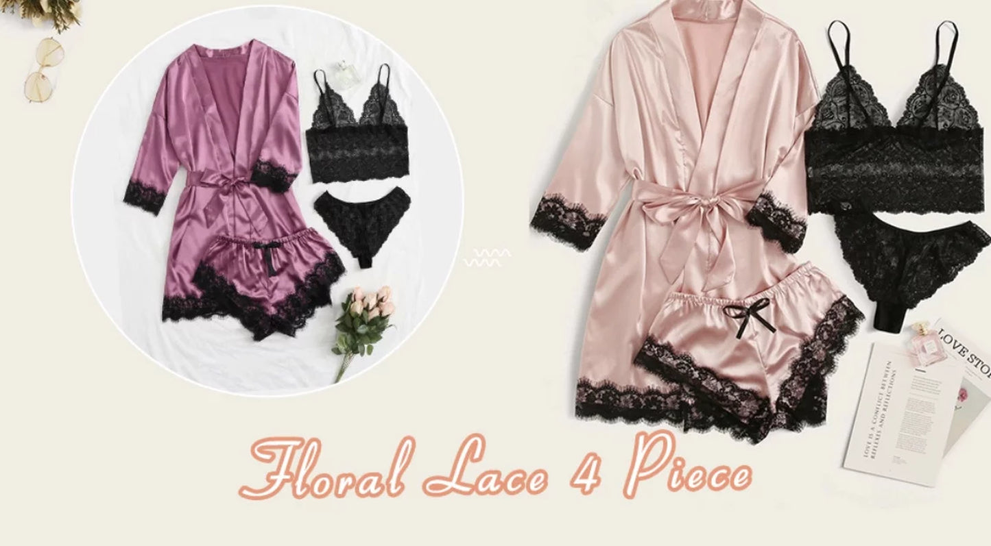Sexy Lingerie, Sexy Lingerie for Women, Womens Summer Pajamas Pjs Sets of 4 Pcs with Floral Lace Top Shorts and Robe, Gift for Women, Pink, L