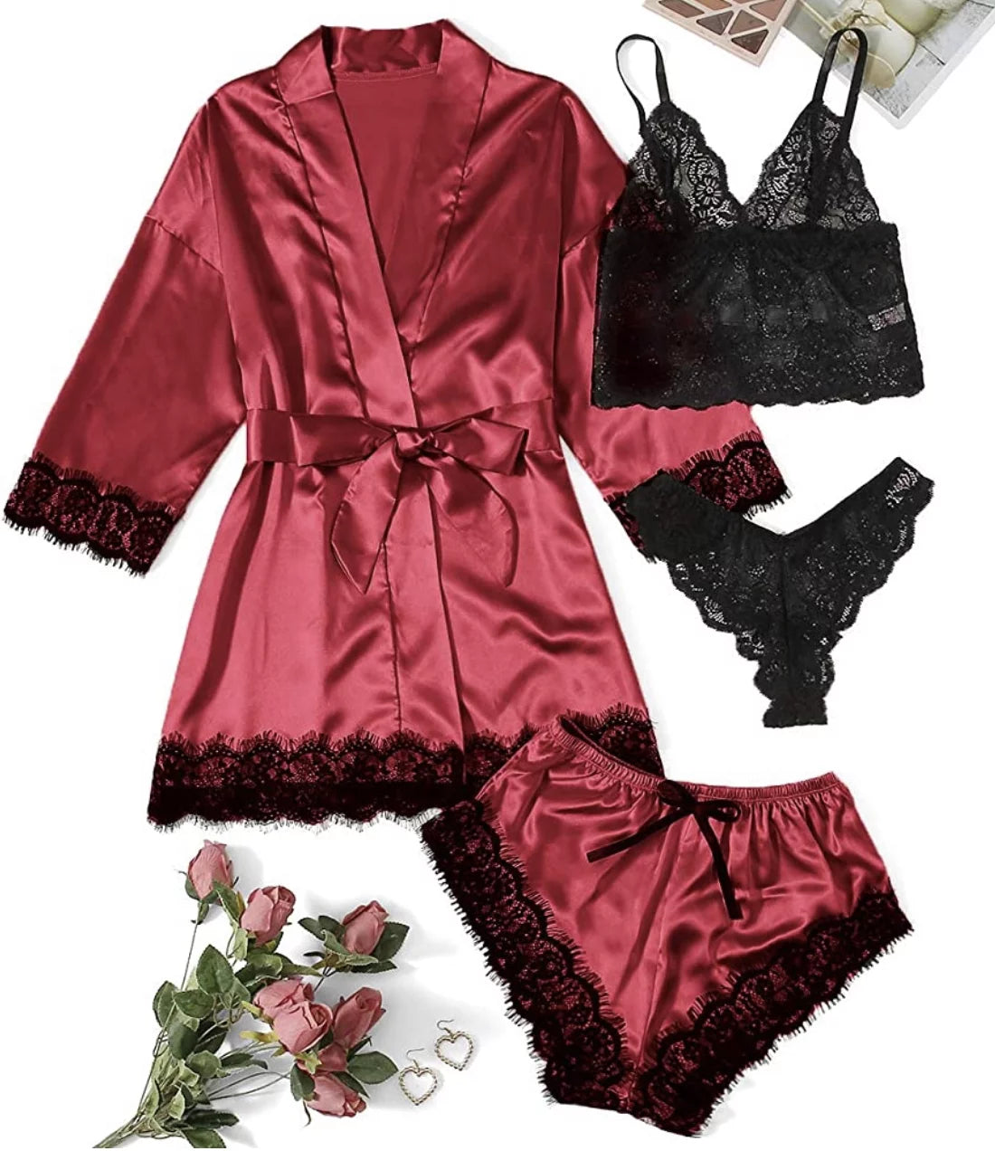 Sexy Lingerie, Sexy Lingerie for Women, Womens Summer Pajamas Pjs Sets of 4 Pcs with Floral Lace Top Shorts and Robe, Gift for Women, Pink, L
