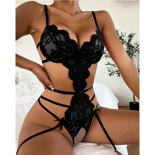 Hot Sexy One Piece Lingerie Lace Bra Set Ruffle Transparent Underwear Erotic Lingerie Bodysuit Sleepwear for Women Sexi Costumes