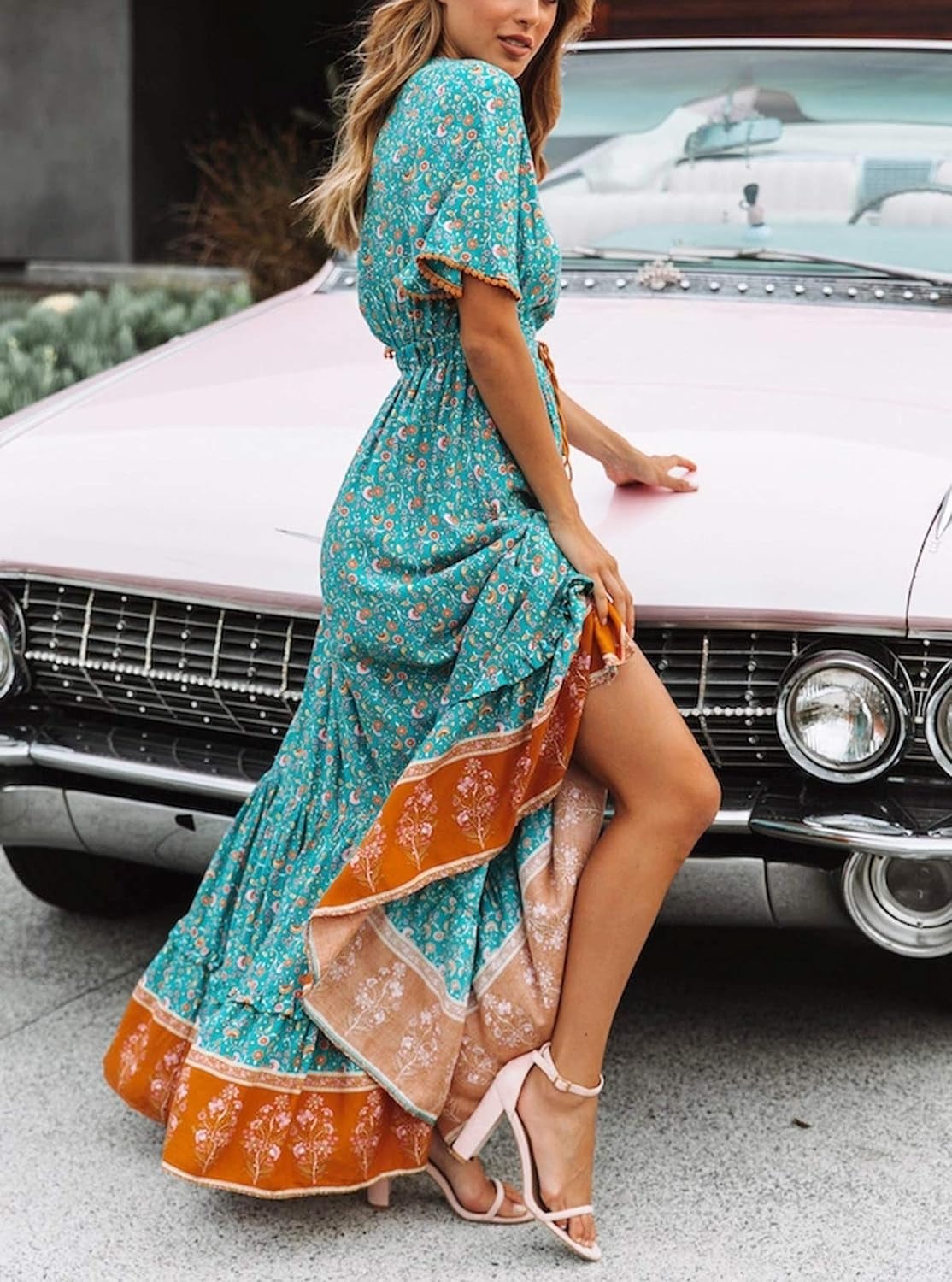 Womens Summer Cotton Short Sleeve V Neck Floral Print Casual Bohemian Midi Dresses