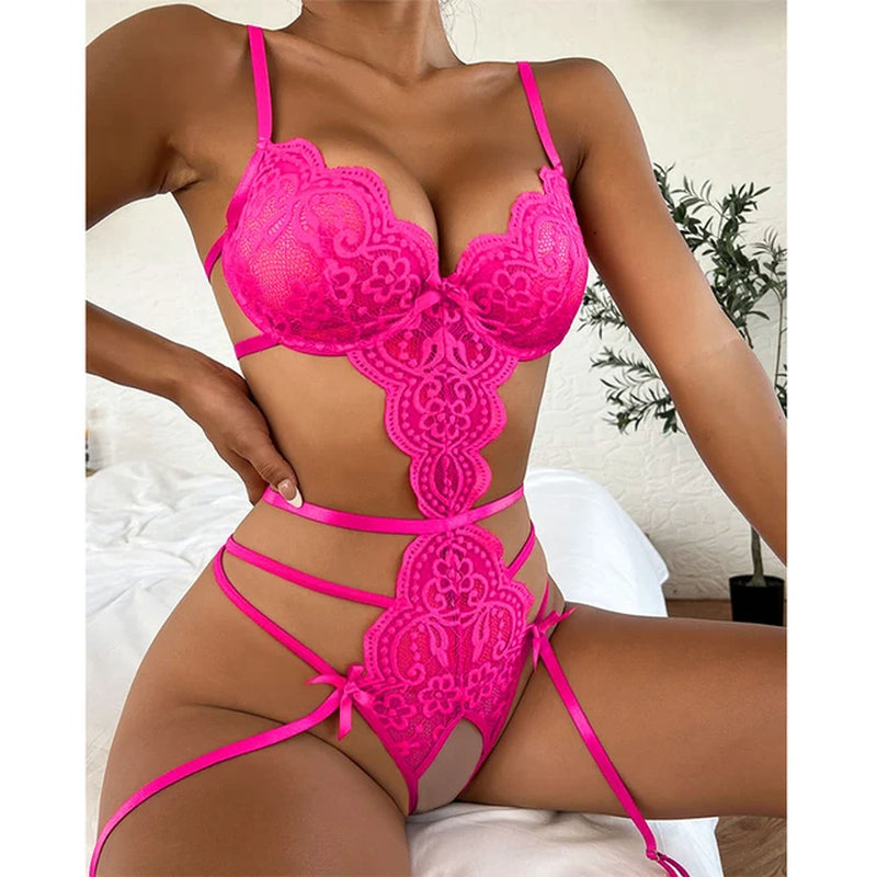 Hot Sexy One Piece Lingerie Lace Bra Set Ruffle Transparent Underwear Erotic Lingerie Bodysuit Sleepwear for Women Sexi Costumes