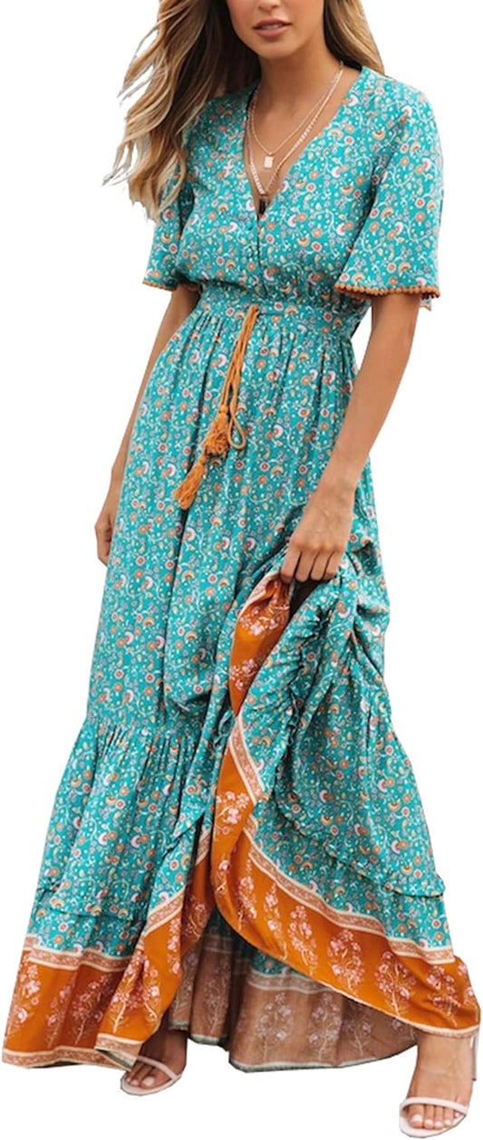 Womens Summer Cotton Short Sleeve V Neck Floral Print Casual Bohemian Midi Dresses