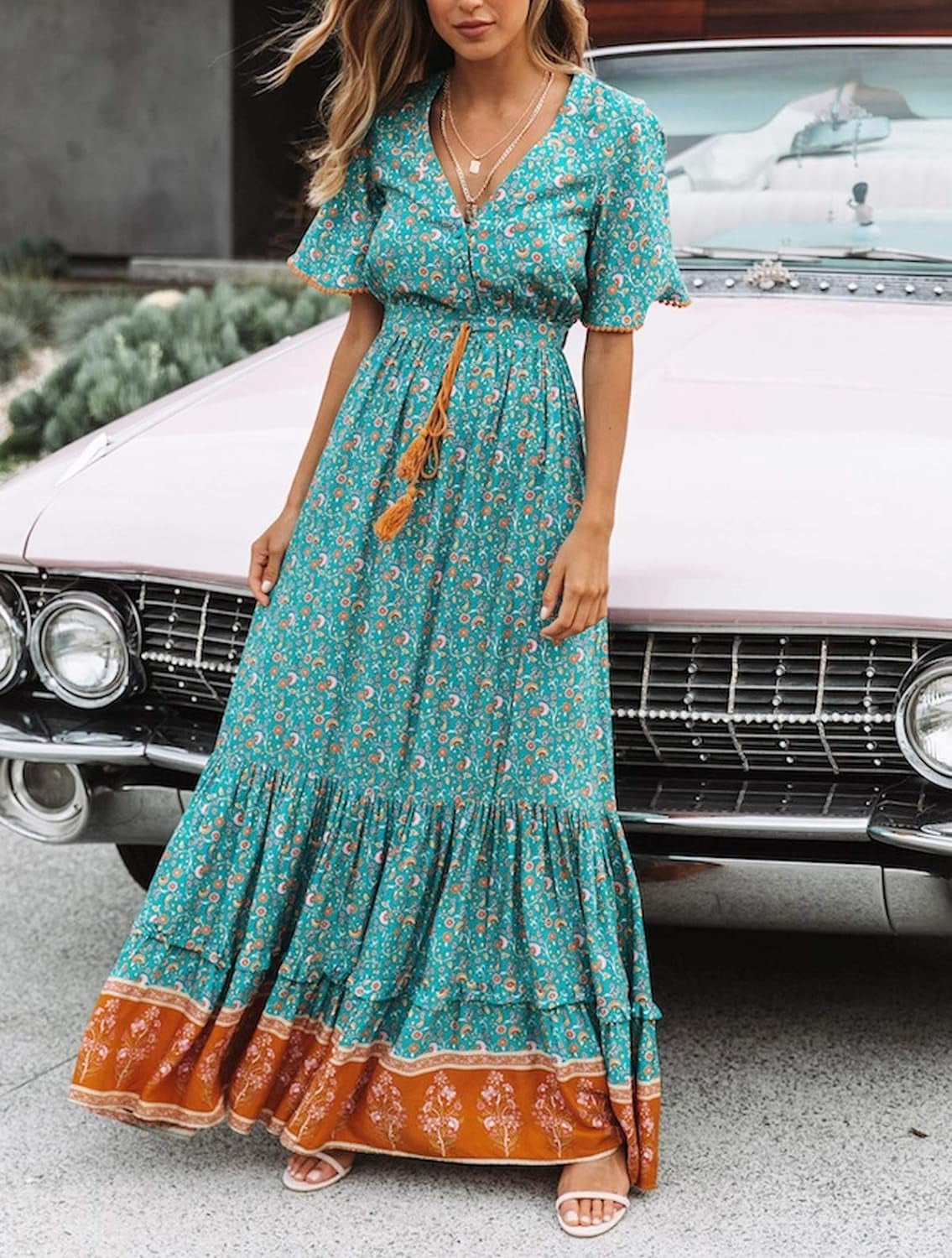 Womens Summer Cotton Short Sleeve V Neck Floral Print Casual Bohemian Midi Dresses