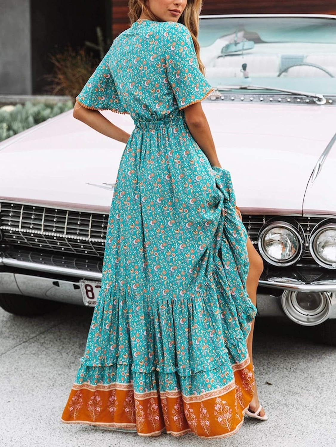 Womens Summer Cotton Short Sleeve V Neck Floral Print Casual Bohemian Midi Dresses