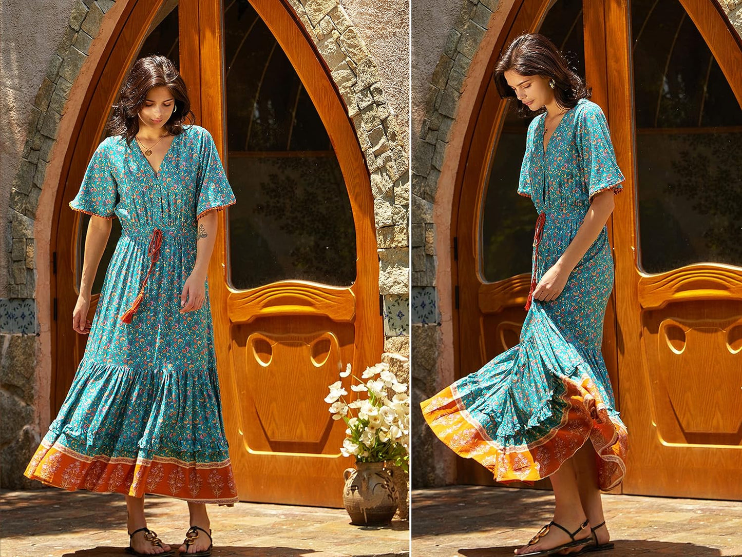 Womens Summer Cotton Short Sleeve V Neck Floral Print Casual Bohemian Midi Dresses