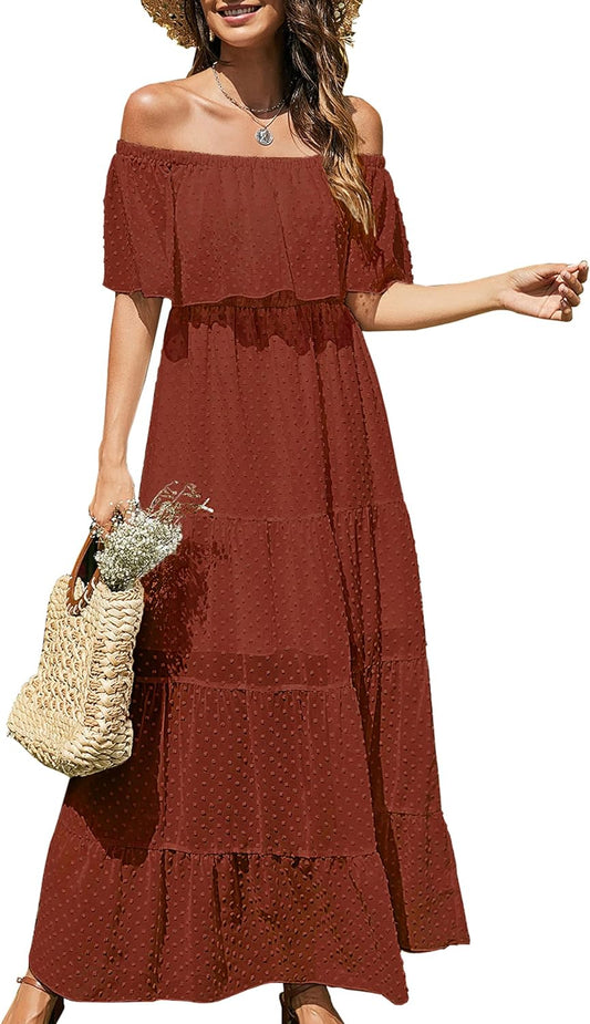 Women'S 2024 Summer off Shoulder Maxi Dress Swiss Dot Short Sleeve High Waist Ruffle Tiered Flowy Long Dresses