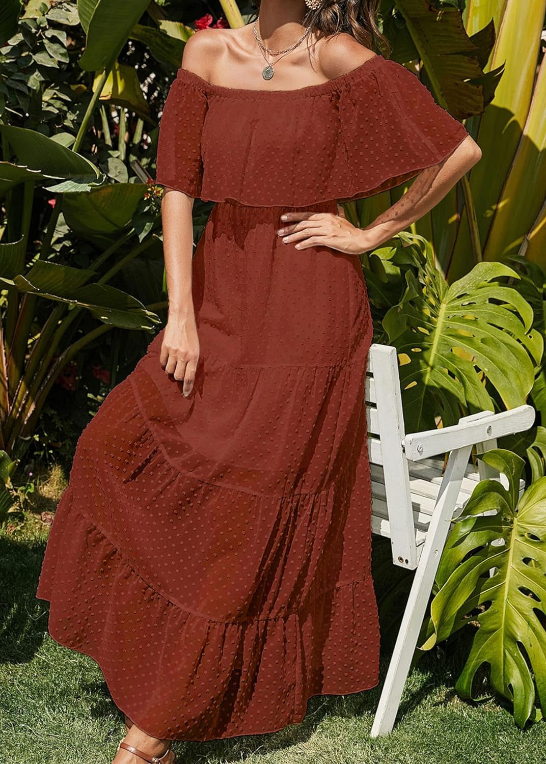 Women'S 2024 Summer off Shoulder Maxi Dress Swiss Dot Short Sleeve High Waist Ruffle Tiered Flowy Long Dresses