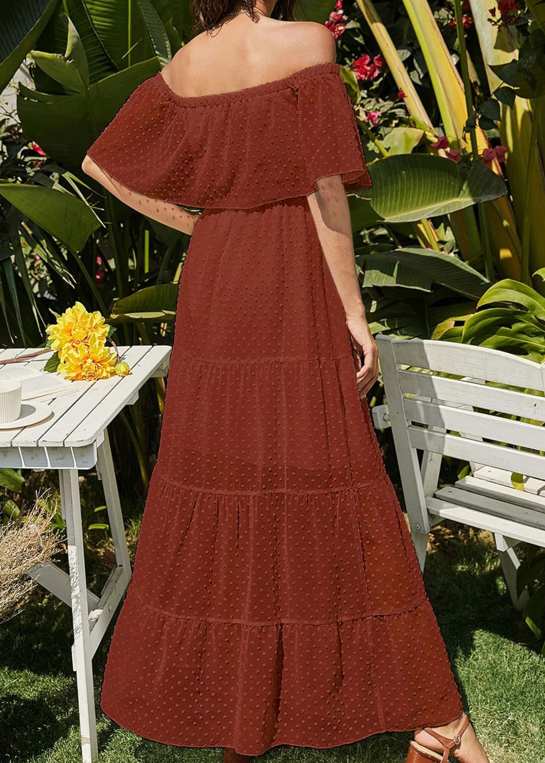 Women'S 2024 Summer off Shoulder Maxi Dress Swiss Dot Short Sleeve High Waist Ruffle Tiered Flowy Long Dresses