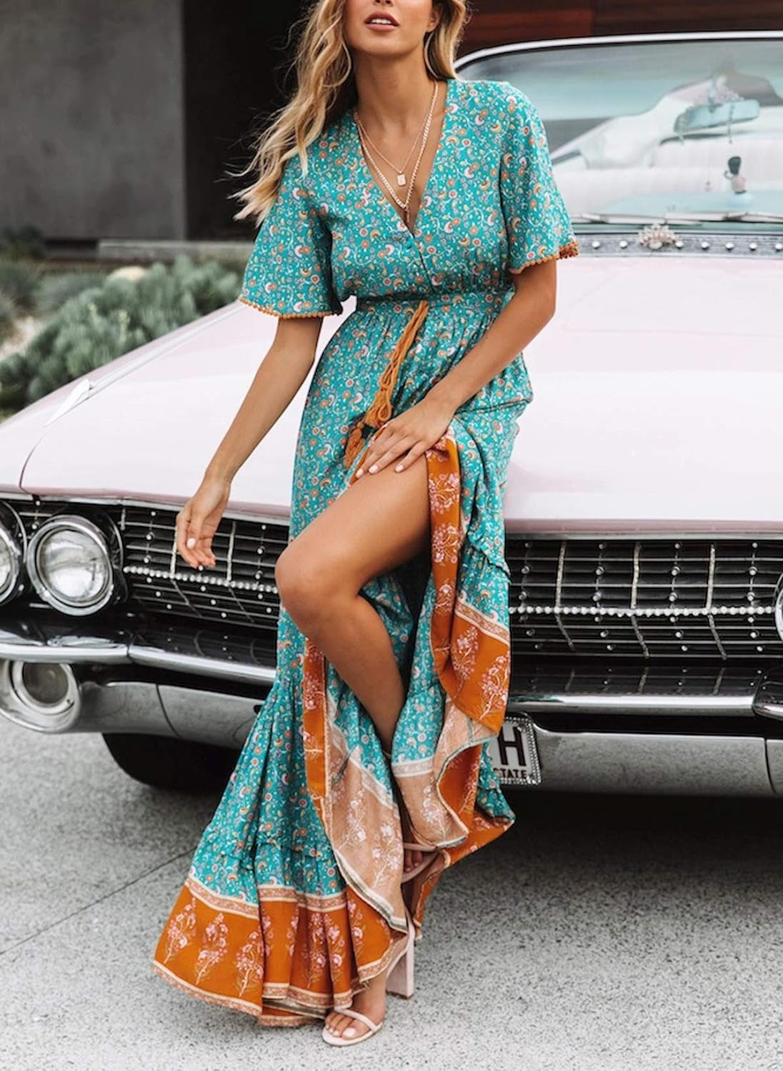 Womens Summer Cotton Short Sleeve V Neck Floral Print Casual Bohemian Midi Dresses